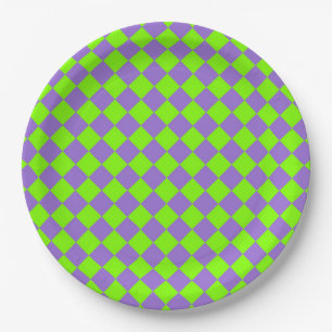 Purple Green Chequered Diamond Pattern Paper Plate