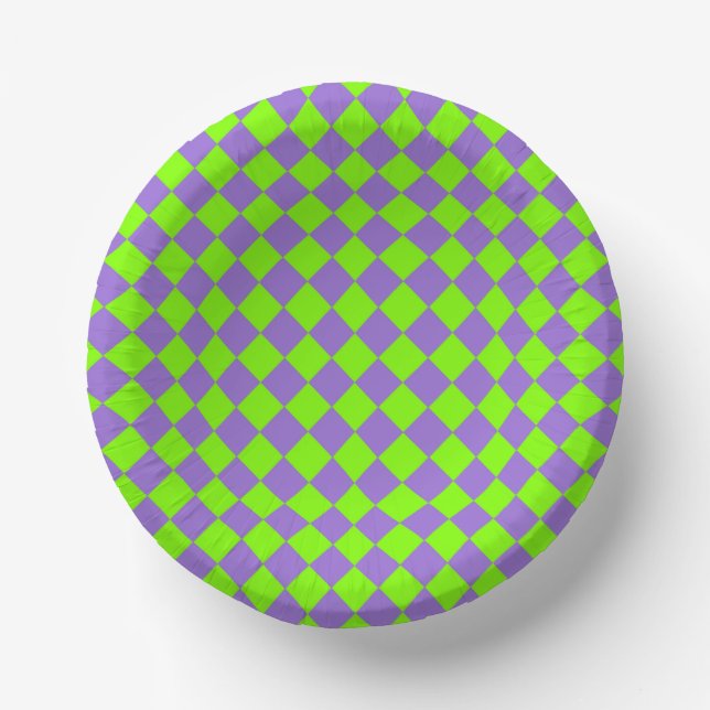 Purple Green Chequered Diamond Pattern Paper Plate (Front)