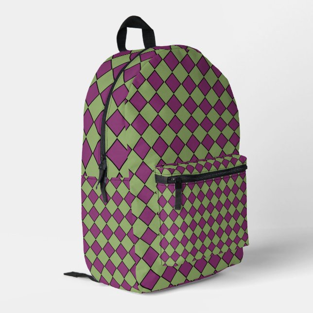 Purple Green Chequered Diamond Pattern Printed Backpack (Back Corner Left)