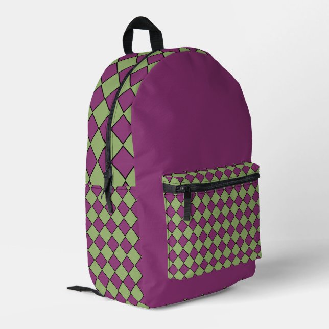 Purple Green Chequered Diamond Pattern Printed Backpack (Back Corner Left)