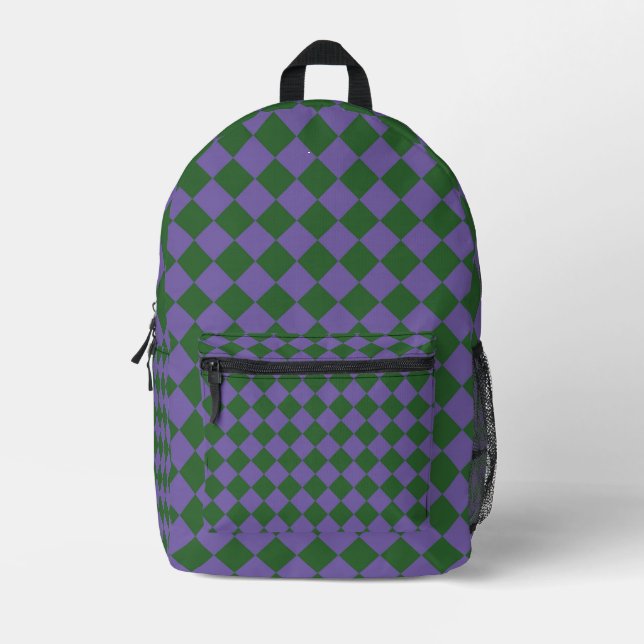 Purple Green Chequered Diamond Pattern Printed Backpack (Front)