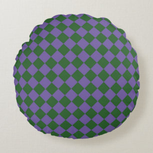 Purple Green Chequered Diamond Pattern Round Cushion