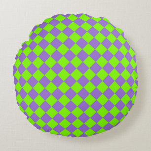 Purple Green Chequered Diamond Pattern Round Cushion