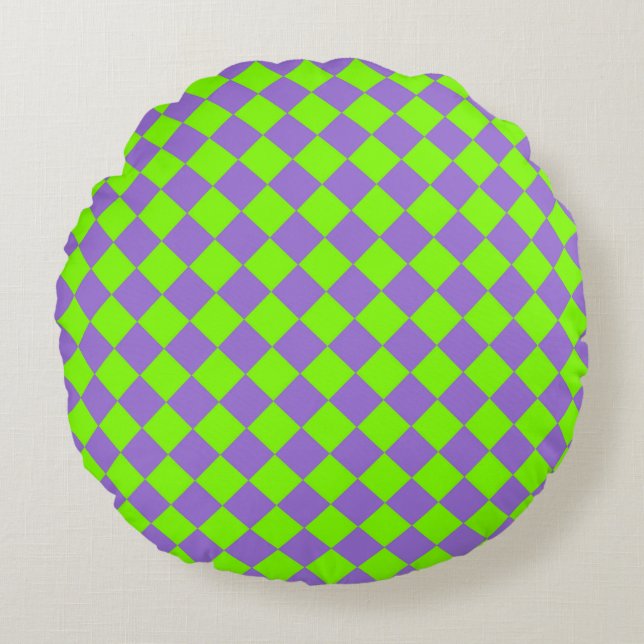 Purple Green Chequered Diamond Pattern Round Cushion (Front)