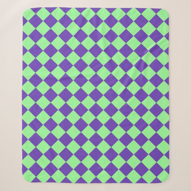 Purple Green Chequered Diamond Pattern Sherpa Blanket (Front)