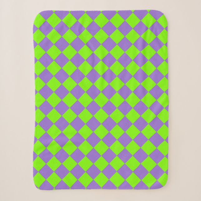 Purple Green Chequered Diamond Pattern Sherpa Blanket (Front)