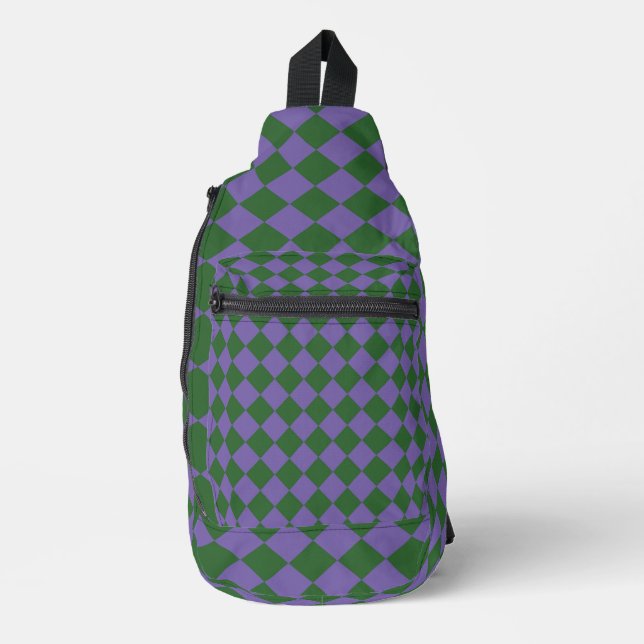 Purple Green Chequered Diamond Pattern Sling Bag (Front)
