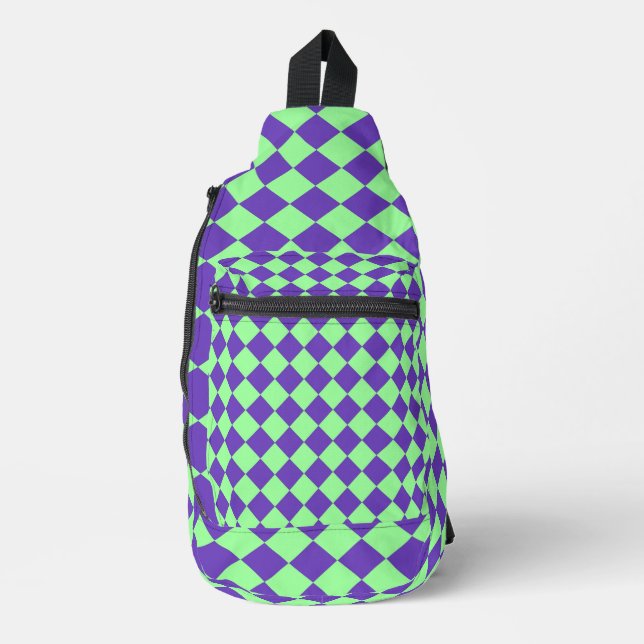 Purple Green Chequered Diamond Pattern Sling Bag (Front)