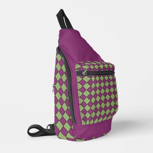 Purple Green Chequered Diamond Pattern Sling Bag (Left Corner)
