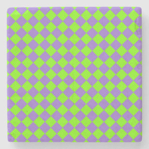 Purple Green Chequered Diamond Pattern Stone Coaster