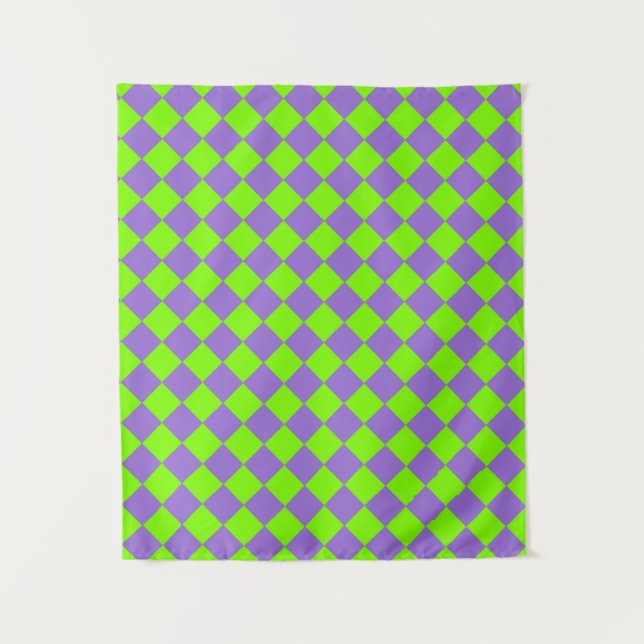 Purple Green Chequered Diamond Pattern Tapestry (Front)