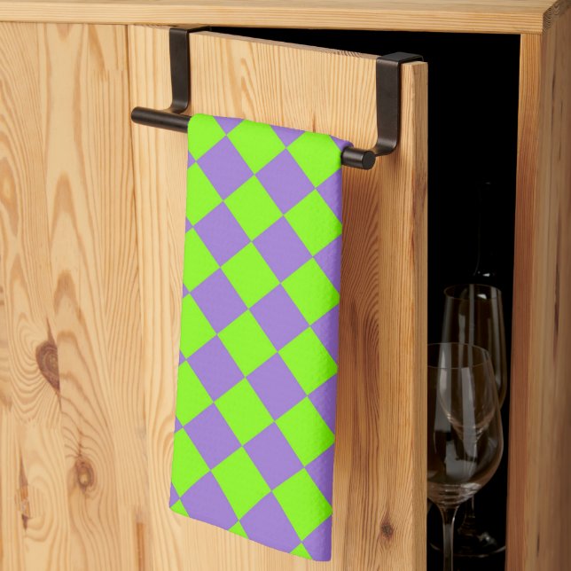 Purple Green Chequered Diamond Pattern Tea Towel (Thirds Fold)