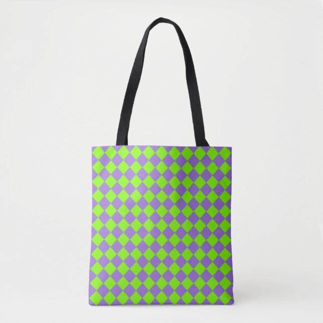 Purple Green Chequered Diamond Pattern Tote Bag (Front)