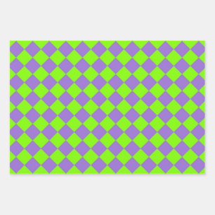 Purple Green Chequered Diamond Pattern Wrapping Paper Sheet