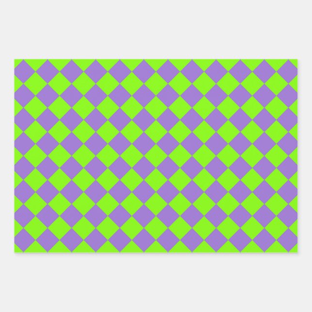 Purple Green Chequered Diamond Pattern Wrapping Paper Sheet (Front)