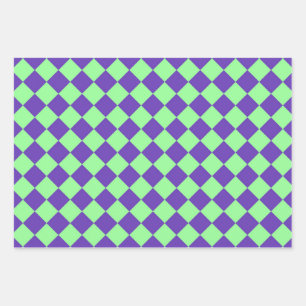 Purple Green Chequered Diamond Pattern Wrapping Paper Sheet