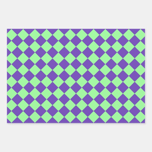 Purple Green Chequered Diamond Pattern Wrapping Paper Sheet (Front)