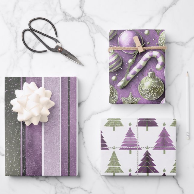 Purple Green Christmas Patterns #12#24#27 ID1009 Wrapping Paper Sheet (Front)