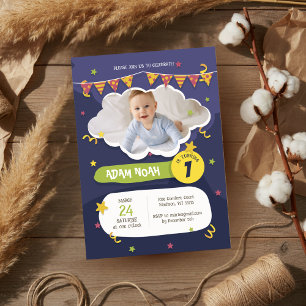 Purple Green Confetti with Photo 1st Birthday Invi Invitation