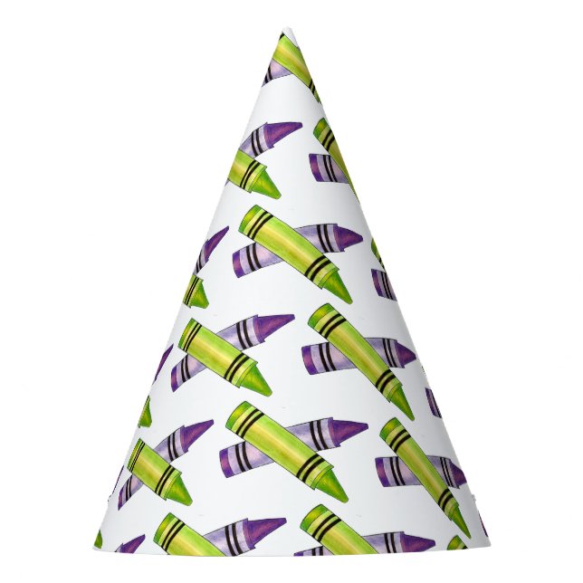 Purple Green Crayon Art Supplies Teacher Artist  Party Hat (Front)