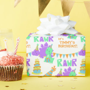 Purple Green Dinosaur Party Kids Birthday Wrapping Paper