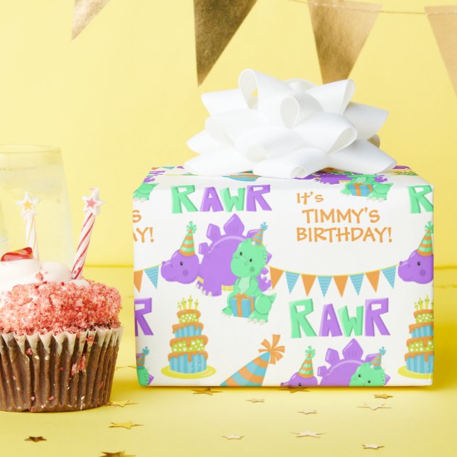 Purple Green Dinosaur Party Kids Birthday Wrapping Paper (Birthday Party)