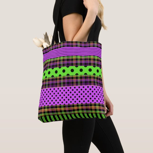 Purple Green Dots Stripes and Plaid Bright Coloure Tote Bag (Close Up)