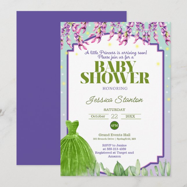 Purple Green Dress and Pink Baby Shower Invitation (Front/Back)
