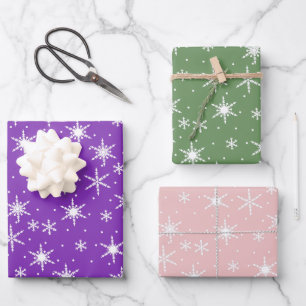 Purple Green Dusty Pink Christmas Snowflake Set of Wrapping Paper Sheet