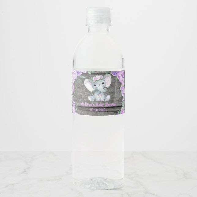 Purple green Elephant water bottle label for girl (Front)