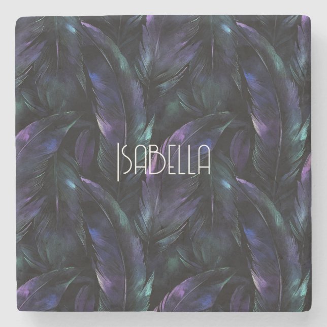 Purple Green Feathers Stone Coaster (Front)