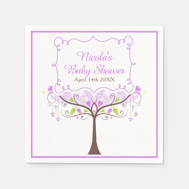 Purple & Green Floral Bird Baby Shower  Napkin (Front)