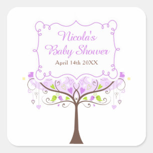 Purple & Green Floral Bird Baby Shower Square Sticker