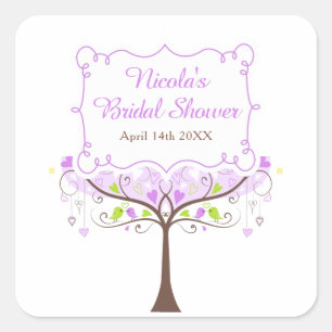 Purple & Green Floral Bird Bridal Shower  Square Sticker
