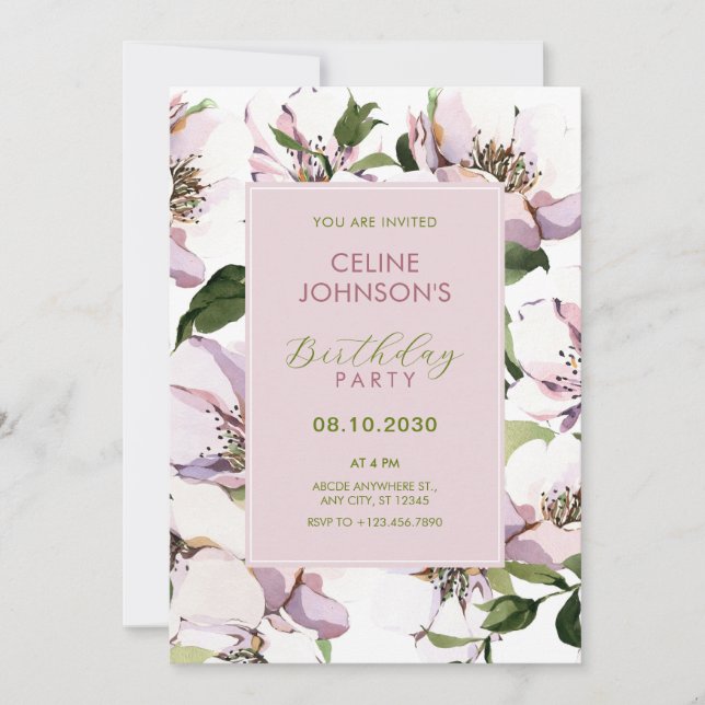 Purple green floral birthday invitation (Front)