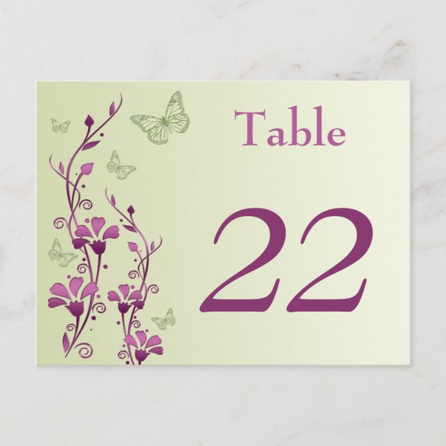 Purple, Green Floral Butterflies Table Number Card (Front)