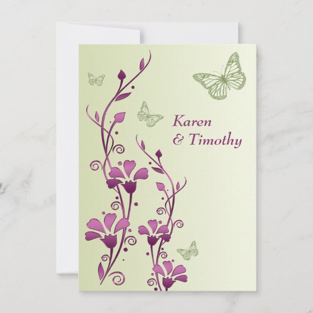 Purple, Green Floral, Butterflies Wedding Invite (Front)