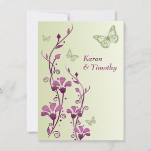 Purple, Green Floral, Butterflies Wedding Invite