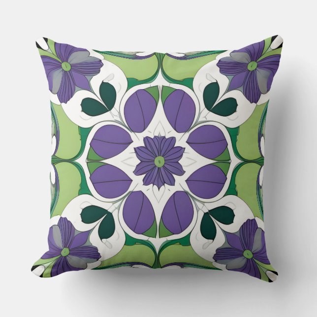 Purple Green Floral Medallion Botanical Geometric Cushion (Front)