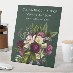 Purple Green Floral Memorial Funeral  Pedestal Sign