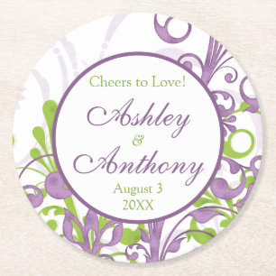 Purple Green Floral Personalised Wedding Round Paper Coaster