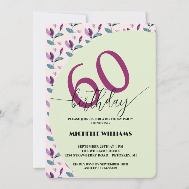 Purple Green Floral Watercolor Birthday Invitation (Front)