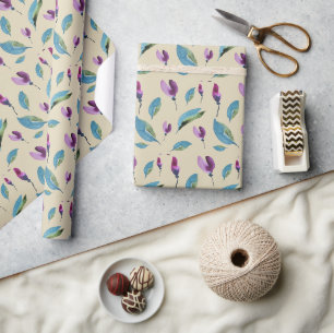 Purple Green Floral Watercolor Hand-painted Wrapping Paper
