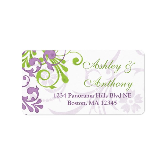 Purple Green Floral Wedding Address Mailing Label (Front)