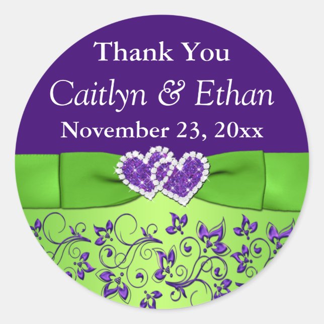Purple, Green Floral Wedding Favour Sticker (Front)