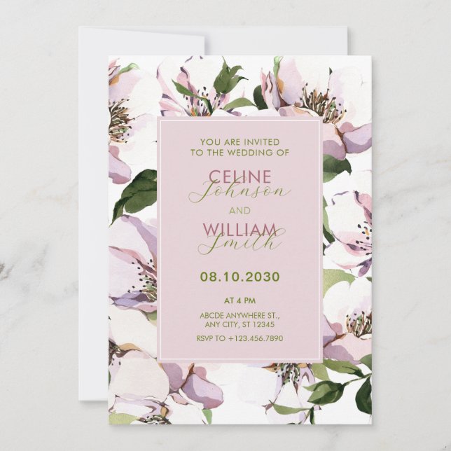 Purple green floral wedding  invitation (Front)