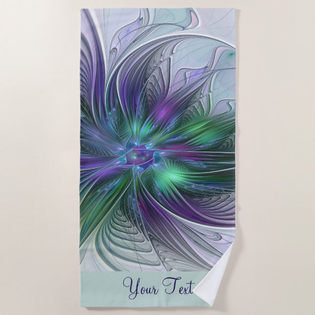 Purple Green Flower Abstract Art Fractal Name Beach Towel (Front)