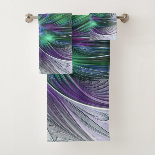 Purple Green Flower Modern Abstract Art Fractal Bath Towel Set (Insitu)