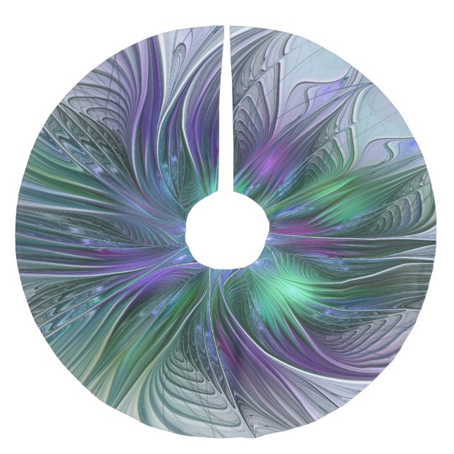 Purple Green Flower Modern Abstract Art Fractal Brushed Polyester Tree Skirt (Front)