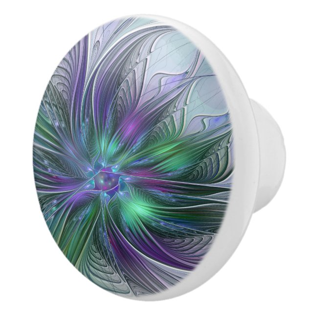 Purple Green Flower Modern Abstract Art Fractal Ceramic Knob (Right)